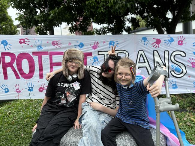 Young trans teenagers made their voices heard at the rally. L to R Noa Allen, Kenni Godridge, and Felix Fewster-Wehrle. Photo: Dylan Nicholson