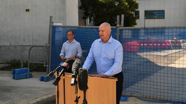 Gladstone MP Glenn Butcher with Health Minister Steven Miles announcing plans to purchase the city's Mater Hospital.