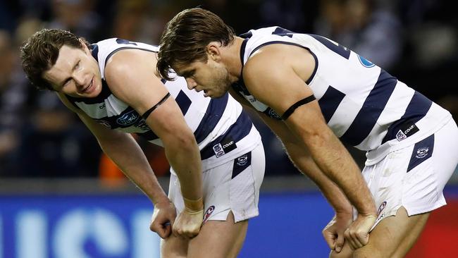 Patrick Dangerfield and Tom Hawkins had plenty to discuss on Saturday night.