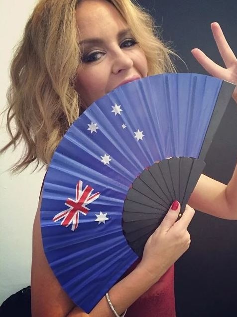 Kylie Minogue showed off her Aussie pride with an Australian flag-print fan. Picture: Instagram