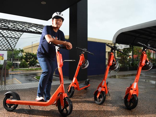 Neuron Mobility chief executive Zachary Wang with e-scooters being introduced on to Darwin streets.Picture: Che Chorley.