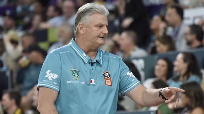 HOBART, AUSTRALIA - FEBRUARY 08: Scott Roth, Head Coach of the Jackjumpers reacts to his bench during the round 20 NBL match between Tasmania Jackjumpers and Cairns Taipans at MyState Bank Arena, on February 08, 2025, in Hobart, Australia. (Photo by Simon Sturzaker/Getty Images)