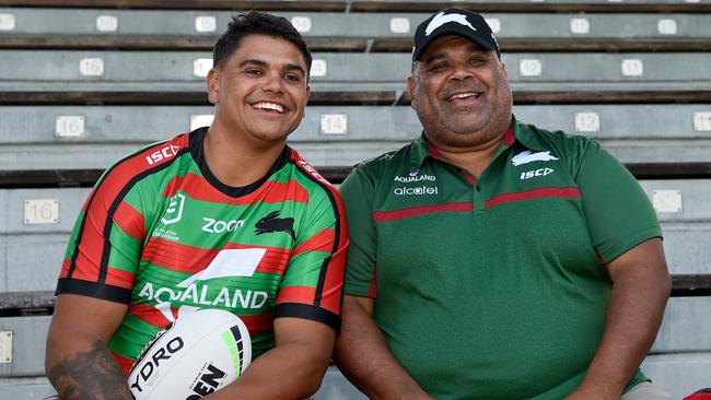 Latrell and his dad Matt Mitchell proudly wear South Sydney colours. Photo: AAP Image/Bianca De Marchi