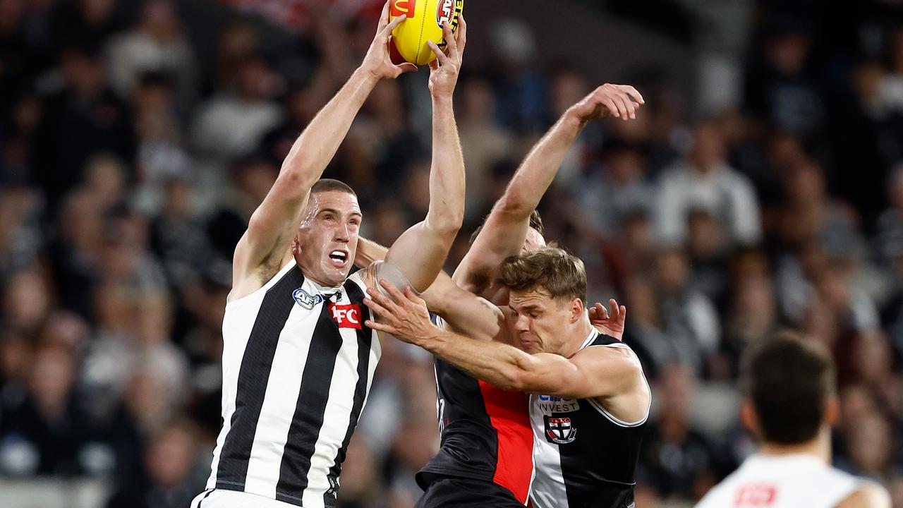 The moment Zaine Cordy and Mason Wood collide. (Photo by Michael Willson/AFL Photos via Getty Images)