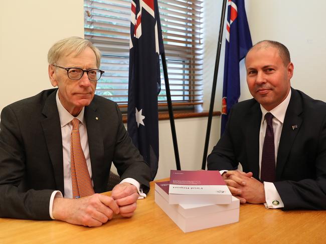 Commissioner Kenneth Hayne and then Treasurer Josh Frydenberg with the final report from the Royal Commission into Misconduct in the Banking, Superannuation and Financial Services Industry, at Parliament House in Canberra. Picture: Kym Smith