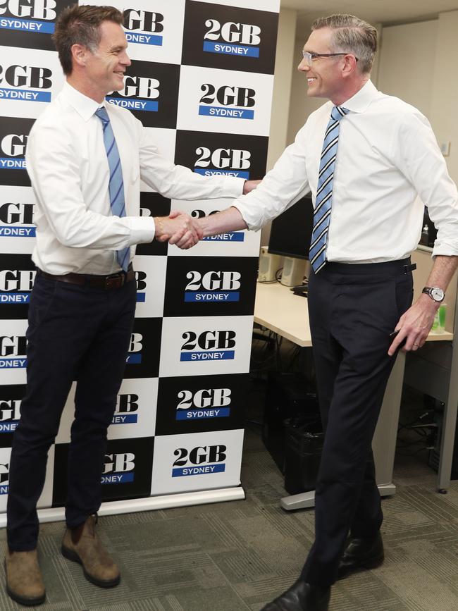 NSW Premier Dominic Perrottet and NSW Labour leader Chris Minns at the 2GB studios ahead of Thursday’s debate. Picture: John Grainger