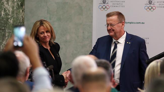 SUNDAY TELEGRAPH — 2017 AOC AGM held at the MCA in Sydney. President John Coates wins the vote and retains his seat. Pictured commiserating rival Danni Roche on left.