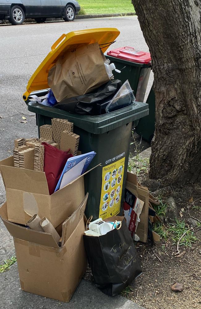 Uncollected yellow bins on Ashmore Street in Erskineville.