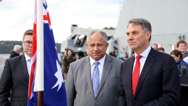 Deputy Prime Minister Richard Marles and United States Secretary of the Navy Carlos Del Toro and Pat Conroy the Minister for defence industry on board HMAS Canberra in Sydney for the opening ceremony Exercise Talisman Sabre. Picture: NCA NewsWire / Damian Shaw