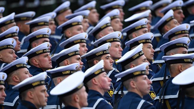 Russian sailors march on Red Square during the Victory Day military parade. Picture: Kirill Kudryavtsev / AFP