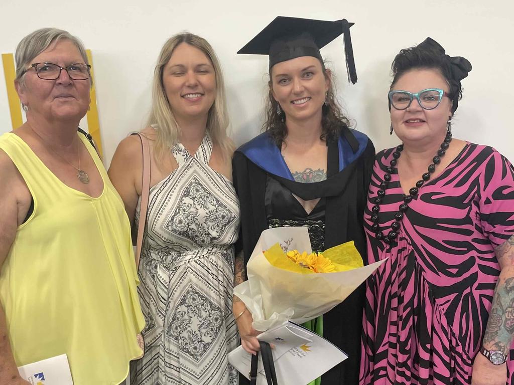 Brooke Wood and her family at the University of the Sunshine Coast graduation ceremony at the Beach House Hotel on October 12, 2023.