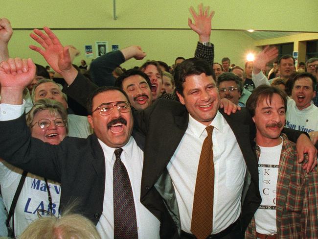 Steve Bracks celebrates with his supporters on election night in 1999.