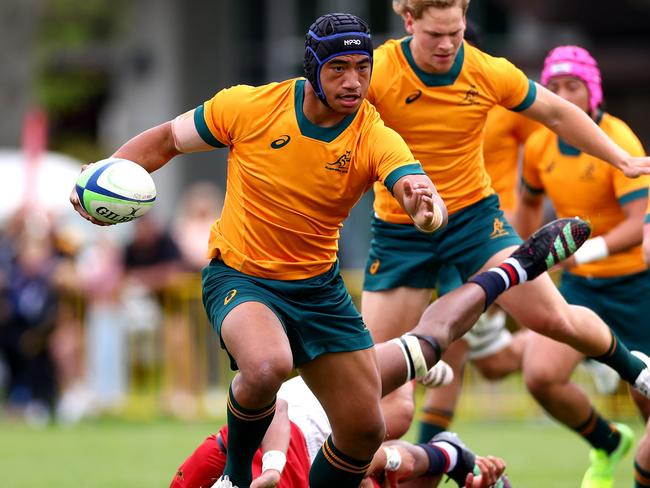 HAMILTON, NEW ZEALAND - OCTOBER 02: Heinz Lemoto of Australia U18 makes a break during the match between Australia U8s and  New Zealand Barbarians at St Paul's Collegiate School, on October 02, 2024 in Hamilton, New Zealand. (Photo by Phil Walter/Getty Images for Rugby Australia)