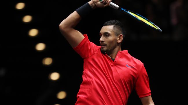 PRAGUE, CZECH REPUBLIC — SEPTEMBER 24: Nick Kyrgios of Team World plays a forehand during his mens singles match against Roger Federer of Team Europe on the final day of the Laver cup on September 24, 2017 in Prague, Czech Republic. The Laver Cup consists of six European players competing against their counterparts from the rest of the World. Europe will be captained by Bjorn Borg and John McEnroe will captain the Rest of the World team. The event runs from 22-24 September. (Photo by Julian Finney/Getty Images for Laver Cup)