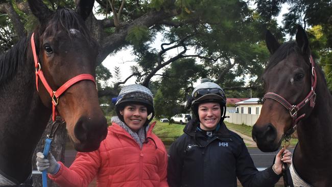 Trackwork rider Tayla Poy and jockey Leah Kilner with Volfoni and Swanton who both race for the Greg Kilner stable on Westlawn Day.