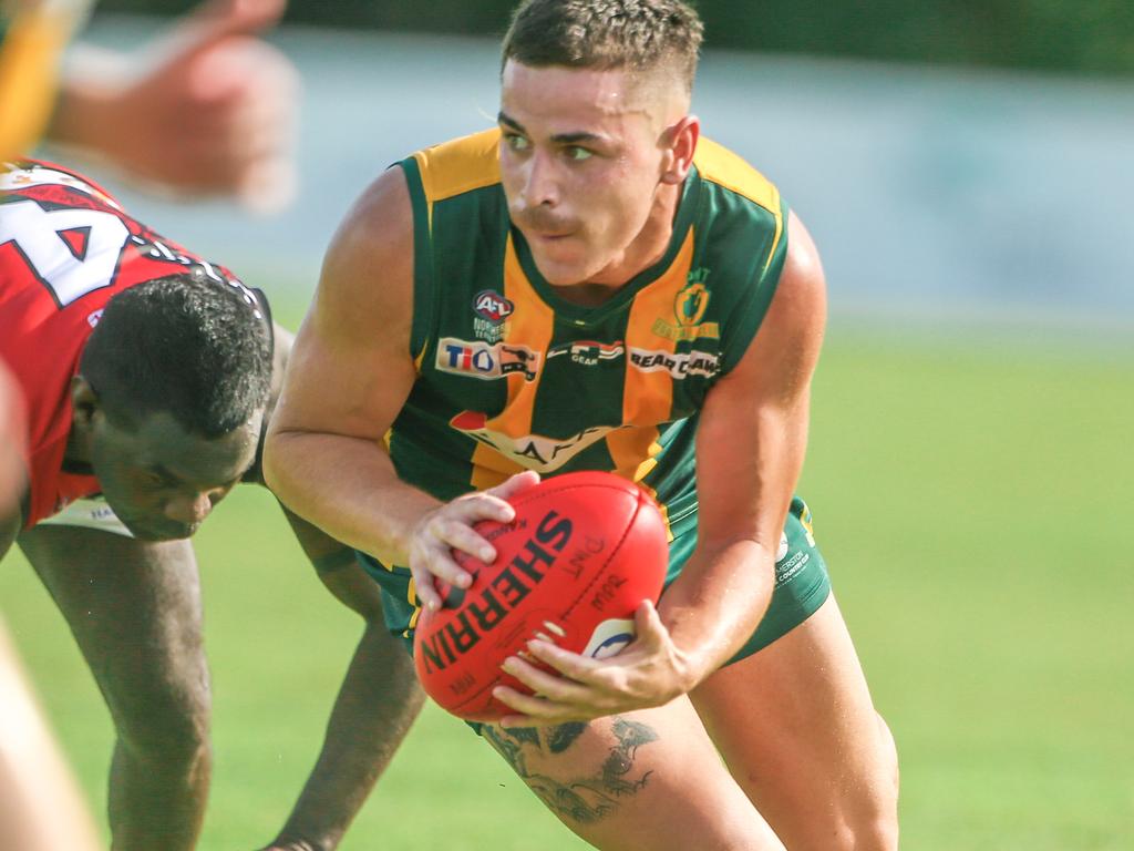 Jett Trotter in the NTFL 2022-23 Round 11 game against Tiwi Bombers. Picture: Glenn Campbell