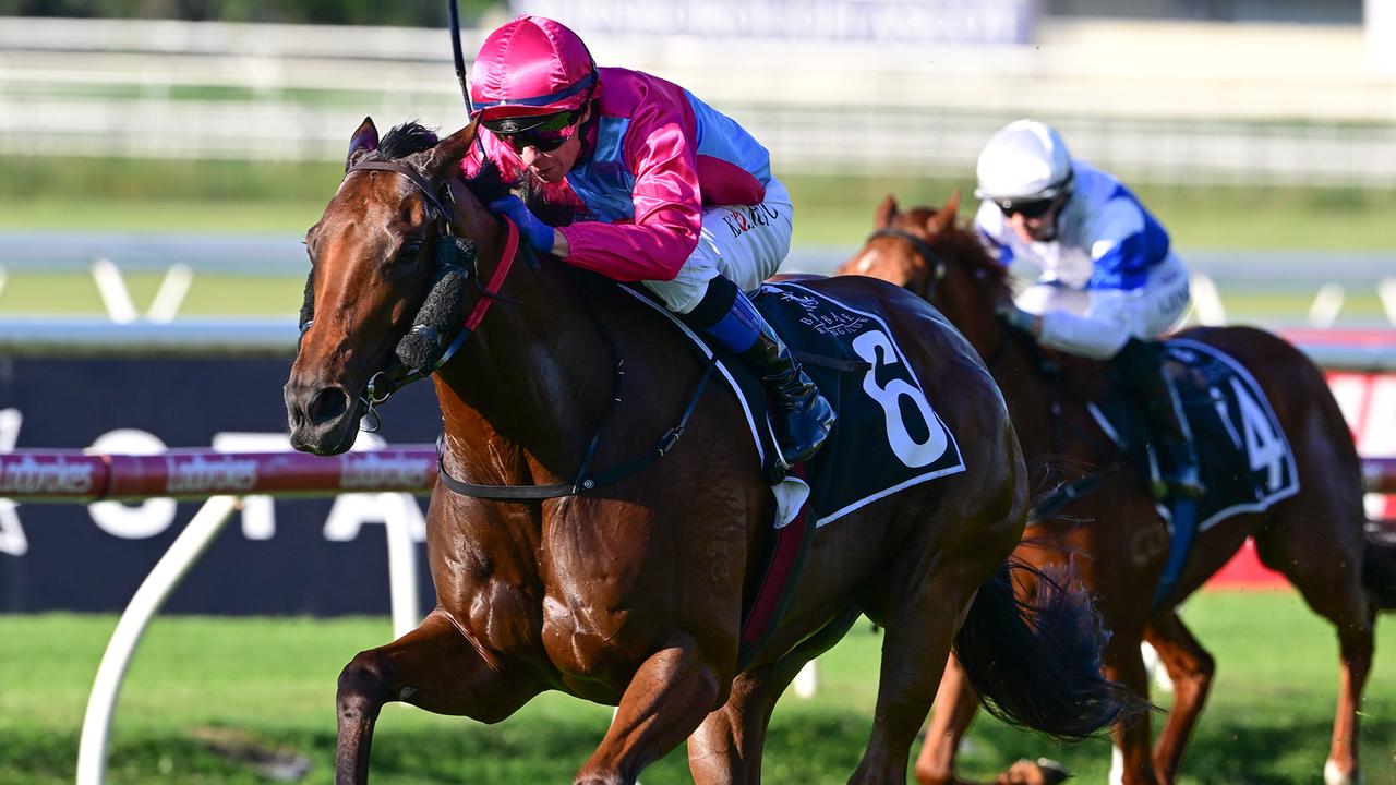 Philia stamps her Group 1 Queensland Oaks credentials by winning The Roses at Doomben for Queensland trainer David Vandyke and jockey Kerrin McEvoy. Picture: Grant Peters / Trackside Photography