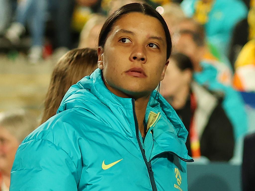 Sam Kerr before the Australia v Ireland World Cup opener at Stadium Australia, just after the Matildas finally disclosed her secret calf injury. Picture: Cameron Spencer/Getty Images