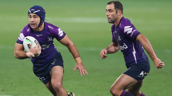 Melbourne Storm’s new dynamic halves duo Jahrome Hughes and Cameron Smith. Picture: Michael Klein