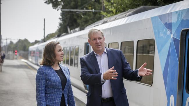 Liberal candidate for Evelyn Bridget Vallence with Liberal MP David Davis at Lilydale train station. Picture: Valeriu Campan