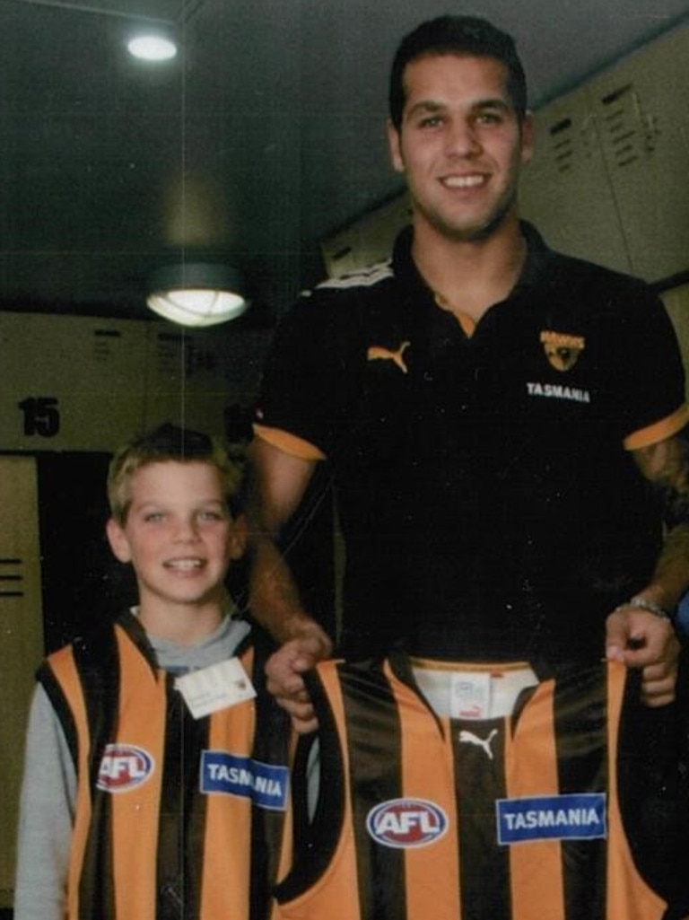 A young Bailey Smith with Lance Franklin in 2009. Photo: AFL, Twitter