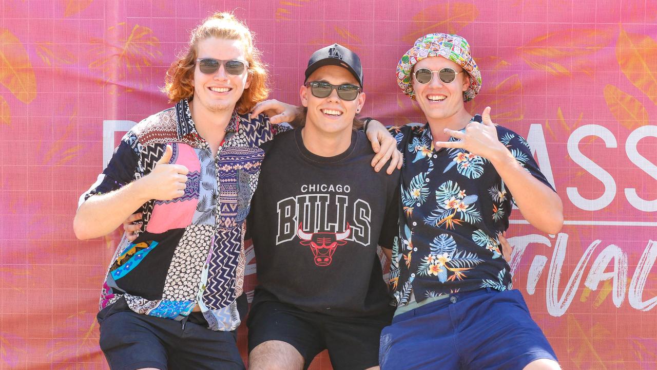 Jacob Cooper, Jai Weetra and Bryn Gleeson at BASSINTHEGRASS 2021. Picture Glenn Campbell