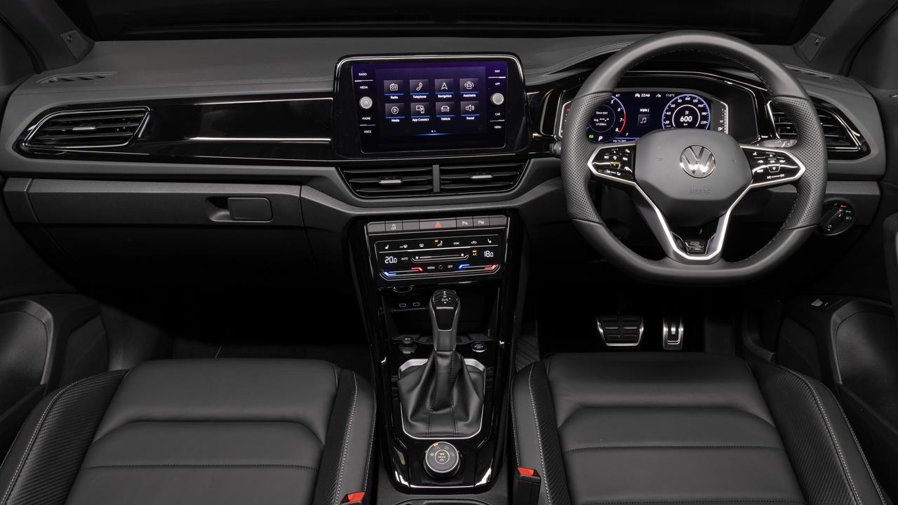 Interior features of the Volkswagen T-Roc 140TSI R-Line include Nappa leather trimmed front bucket seats and an eight-inch touchscreen.