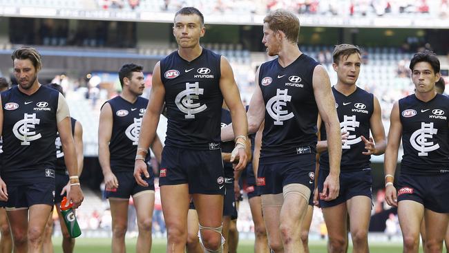 Blues players react after the Round 3 AFL match between the Carlton Blues and Sydney Swans at Marvel Stadium in Melbourne, Saturday, April 6, 2019. (AAP Image/Daniel Pockett) NO ARCHIVING, EDITORIAL USE ONLY