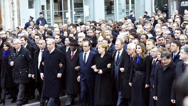 Unity ... Paris Mayor Anne Hidalgo, European Commission President Jean-Claude Juncker, Israeli Prime Minister Benjamin Netanyahu, Malian President Ibrahim Boubacar Keita, French President Francois Hollande, German Chancellor Angela Merkel, European Union President Donald Tusk, Palestinian president Mahmud Abbas, Jordan's Queen Rania, Jordan's King Abdullah II, Swiss President Simonetta Sommaruga, Turkish Prime Minister Ahmet Davutoglu and Ukrainian President Petro Poroshenko during the Unity rally. Picture: ERic Feferberg/AFP