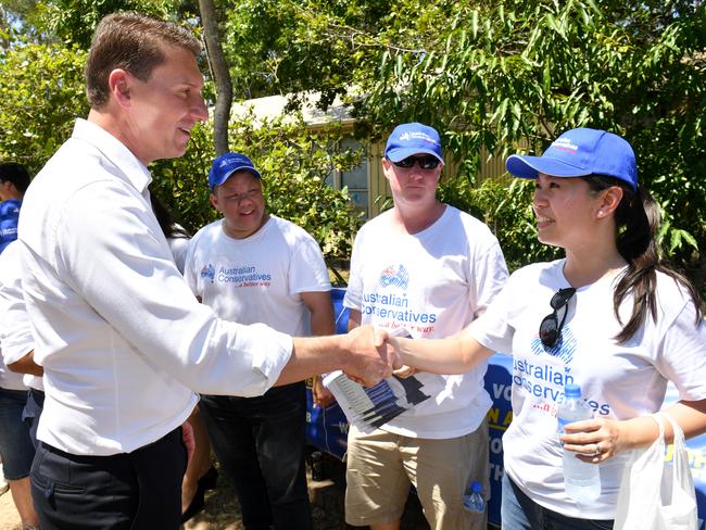 Australian Conservatives Senator Cory Bernardi meets volunteers at Epping Public School in Sydney. Picture: AAP Image/Mick Tsikas