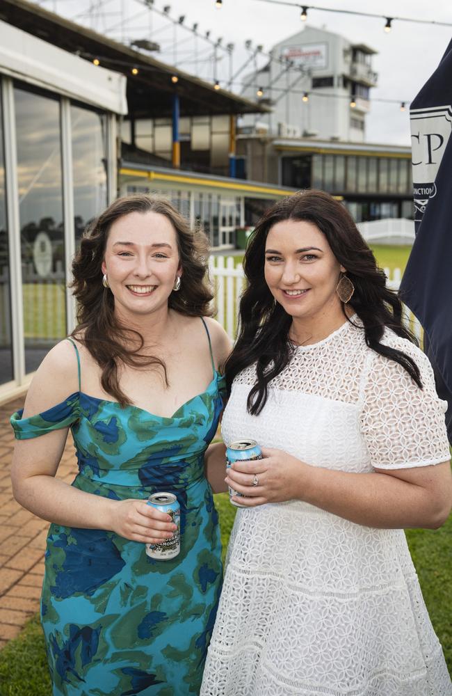 Courtney Borthwick (left) and Rebecca Morgan at Emergency Services race day at Clifford Park, Saturday, August 10, 2024. Picture: Kevin Farmer