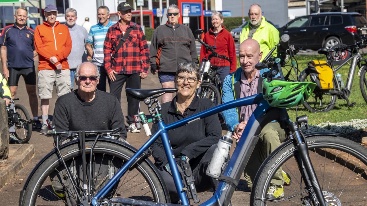 ( Front from left ) Hugh Wilson, Ritamay Roberts and Jeff Nolan. Toowoomba Region Bicycle Users Group concerned about amount of cars in the CBD. Friday, August 20, 2021. Picture: Nev Madsen.