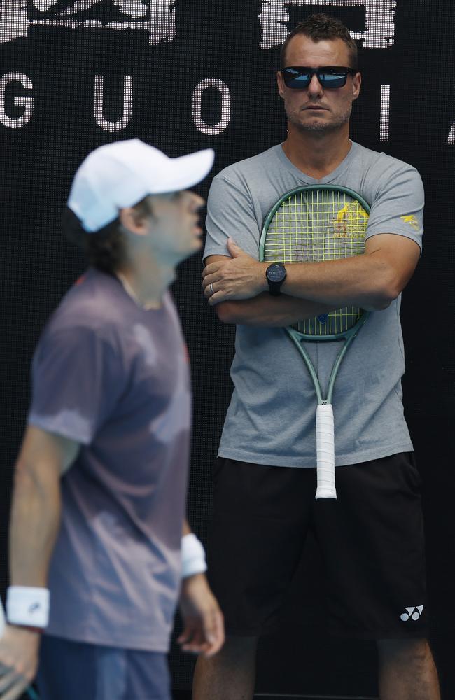 Lleyton Hewitt watches Alex de Minaur. Picture: Michael Klein