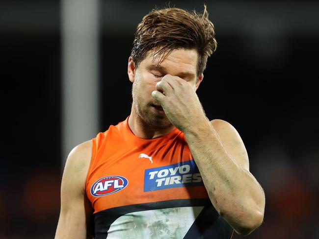 CANBERRA, AUSTRALIA - APRIL 22: Toby Greene of the Giants looks dejected after defeat during the round six AFL match between the Greater Western Sydney Giants and the St Kilda Saints at Manuka Oval on April 22, 2022 in Canberra, Australia. (Photo by Mark Kolbe/Getty Images)