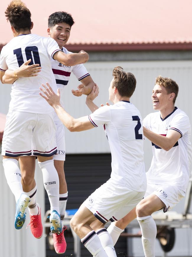 GPS First XI Football. St Joseph's Gregory Terrace vs The Southport School. TSS celebrate a goal. 5 September, 2020. Picture: Renae Droop