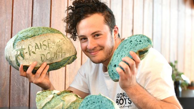 George Wassif from Georgie Boy's Bread will be baking limited edition blue sourdough loaves and blueberry scrolls to support young people when it comes to their mental health to sell at Sunday's Farm Gate Markets in Hobart City. Picture: FIONA HARDING