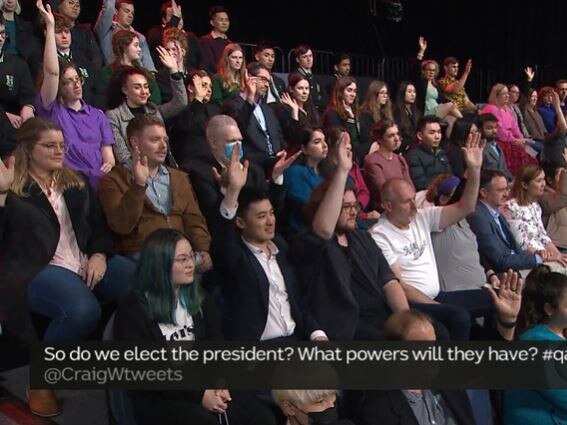 Hands up for a republic. A large majority of the Q+A audience expressed the view that Australia should become a republic “this week”. Picture: ABC