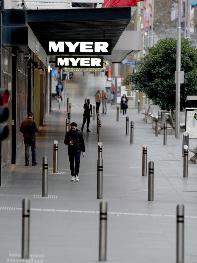 The Bourke Street Mall almost deserted under stage four restrictions. Picture: Andrew Henshaw