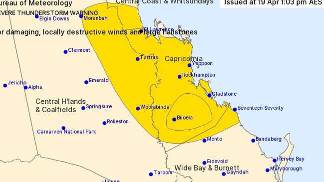 BOM issues a severe weather warning for the Central Coast and Whitsundays, Central Highlands and Coalfields and Capricorn region