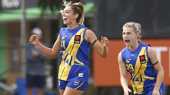 Stephanie Asciak celebrates a goal for the Western Jets.