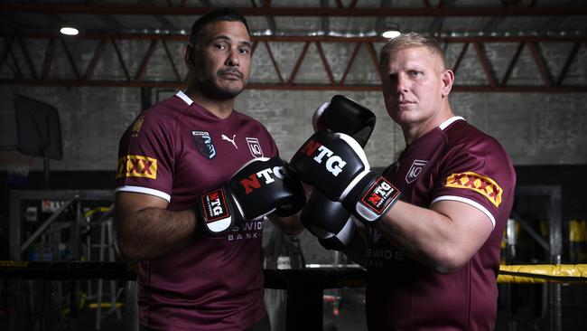 Justin Hodges and Ben Hannant know that victory could lead to one of them taking on Paul Galen in the ring. Picture: Scott's Shotz