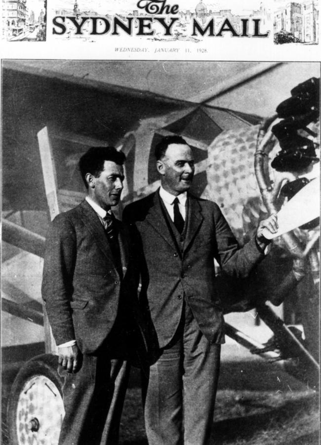 Front page of the Sydney Mail newspaper on January 11, 1928, with a picture of pilot John Moncrieff pilot (left) and George Hood at the Richmond aerodrome ahead of their fateful flight.