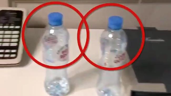 The suspect mineral water bottles in Alexei Navalnys hotel room in Tomsk. Picture: AFP