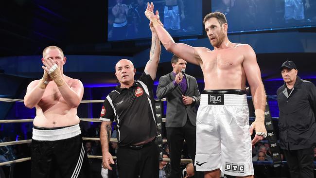 Shane Mumford wins his first professional boxing bout. Picture: Lawrence Pinder