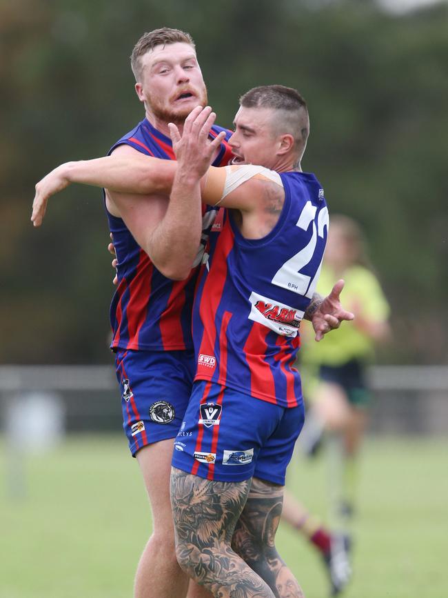 Football GDFL: Belmont Lions v Bell Post Hill Bell Post Hill 22 Sam Harmer and 8 Jack Yates celebrate Harmers goal Picture: Mark Wilson