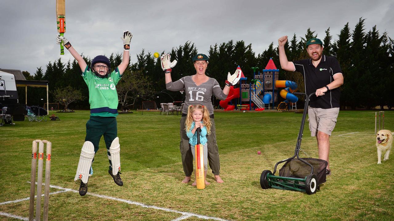 Adrian Raftery, with wife Kylie and kids Hamish, 7 and Zoe, 4, has made a cracking backyard. Picture: Nicki Connolly