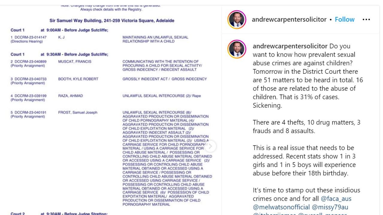 Adelaide lawyer Andrew Carpenter shared this court list to his Instagram to show how prevalent child sexual abuse matters are.