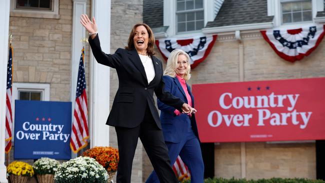 Kamala Harris and Liz Cheney arrive at Ripon College in Wisconsin on Thursday. Picture: AFP