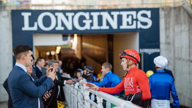 Jockeys and trainers separated at Royal Randwick during the ATC Championships to comply with distancing regulations.