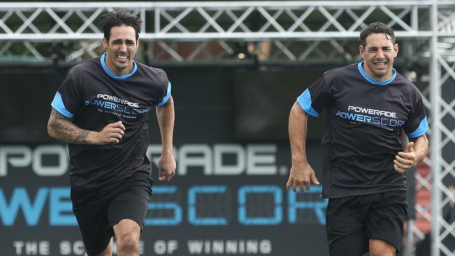 Mitchell Johnson (L) and Billy Slater (R) during their endurance test.